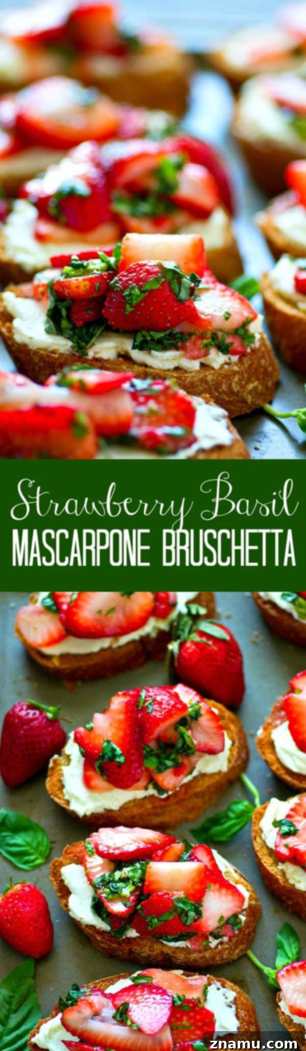 Creamy Strawberry Basil Crostini 6 Fresh strawberries get macerated with basil and piled high over toasted bread and creamy mascarpone. You won't be able to get enough of this strawberry basil mascarpone bruschetta!