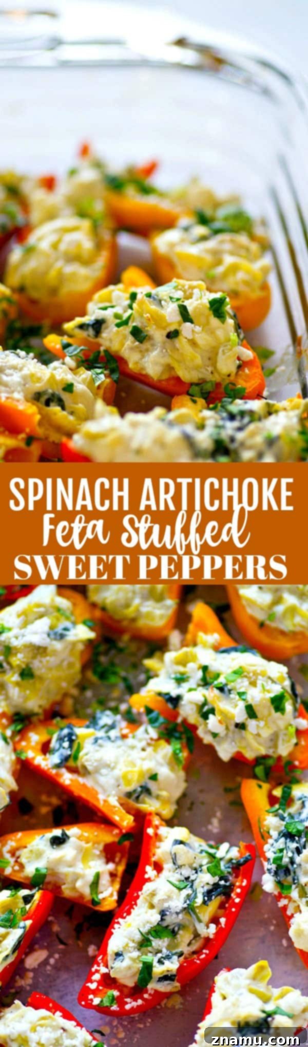Roasted Spinach Artichoke Feta Stuffed Peppers 6 An array of freshly baked spinach artichoke feta stuffed sweet peppers, garnished and ready for a party spread