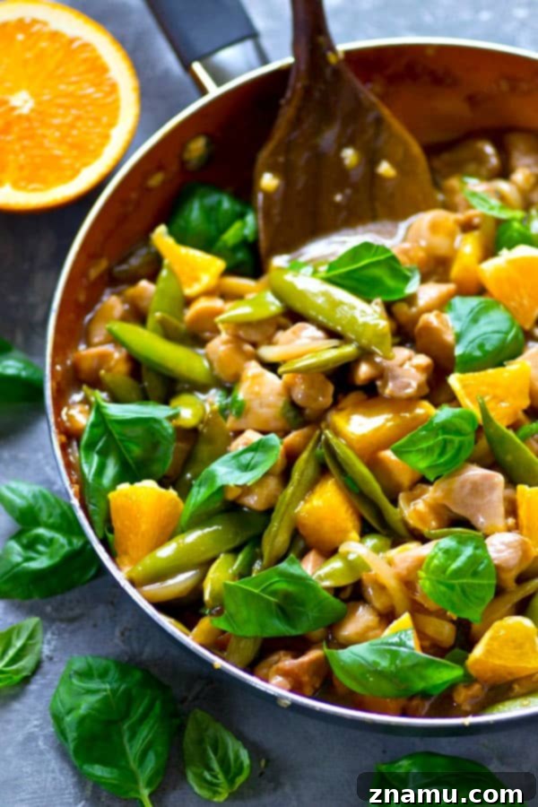 Zesty Orange Basil Chicken Stir-Fry with Crisp Snap Peas 4 Tangy orange and flavorful basil are a game-changing combo in this sweet, saucy sugar snap pea chicken stir-fry! Add this winner to your stir-fry rotation.