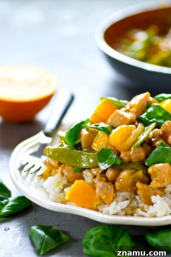 Zesty Orange Basil Chicken Stir-Fry with Crisp Snap Peas 5 Tangy orange and flavorful basil are a game-changing combo in this sweet, saucy sugar snap pea chicken stir-fry! Add this winner to your stir-fry rotation.