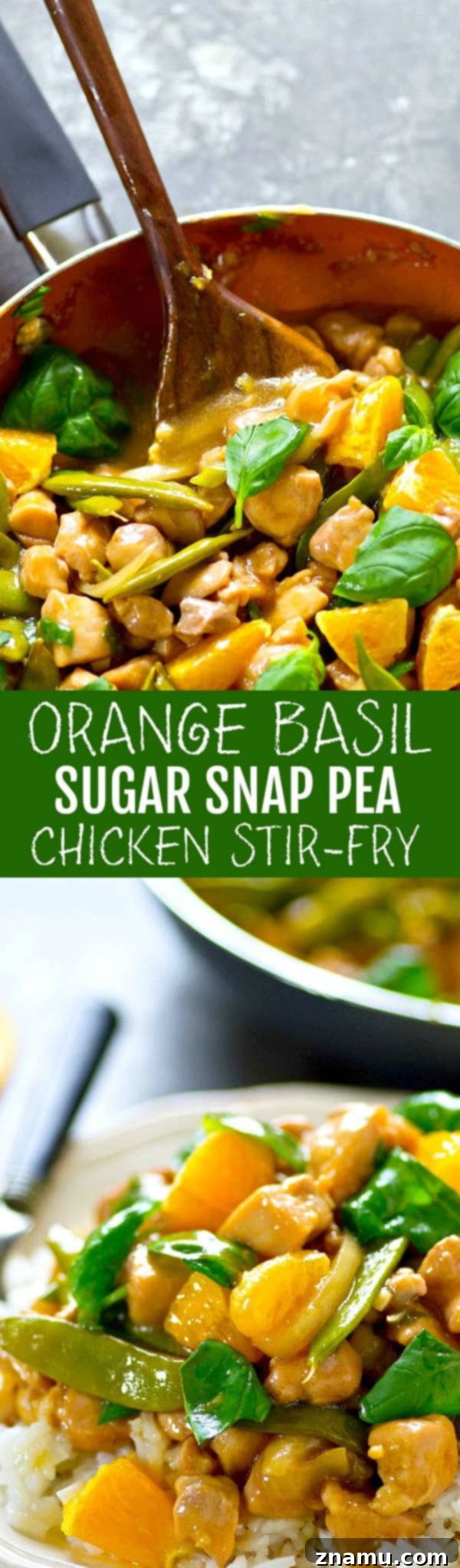 Zesty Orange Basil Chicken Stir-Fry with Crisp Snap Peas 6 Tangy orange and flavorful basil are a game-changing combo in this sweet, saucy sugar snap pea chicken stir-fry! Add this winner to your stir-fry rotation.
