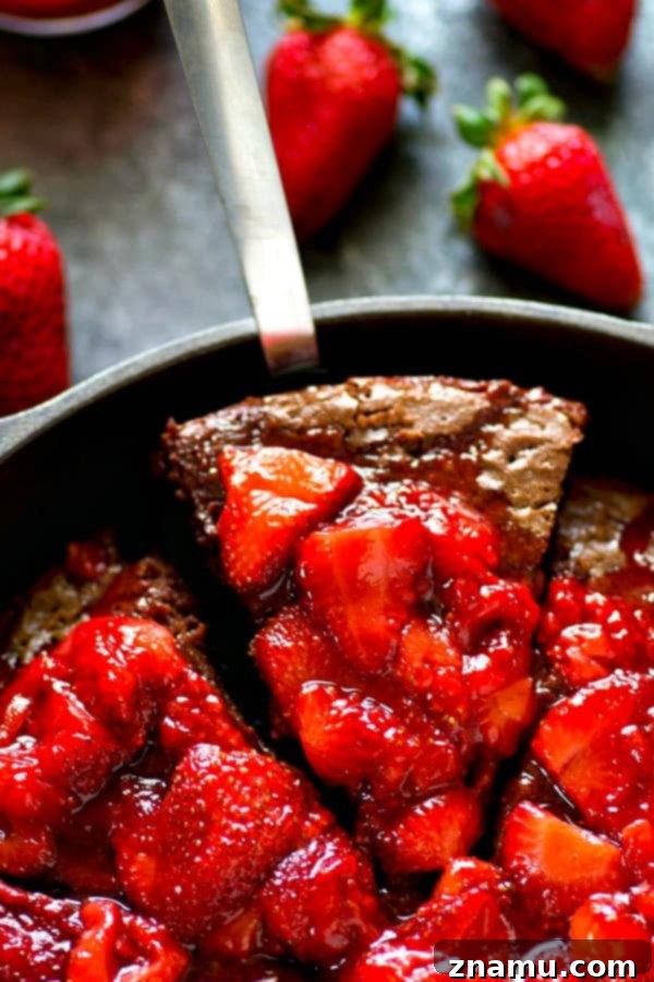 Epic Mocha Brownie Pie, Swirled with Strawberry 4 Deep-dish mocha brownie pie in a cast iron skillet
