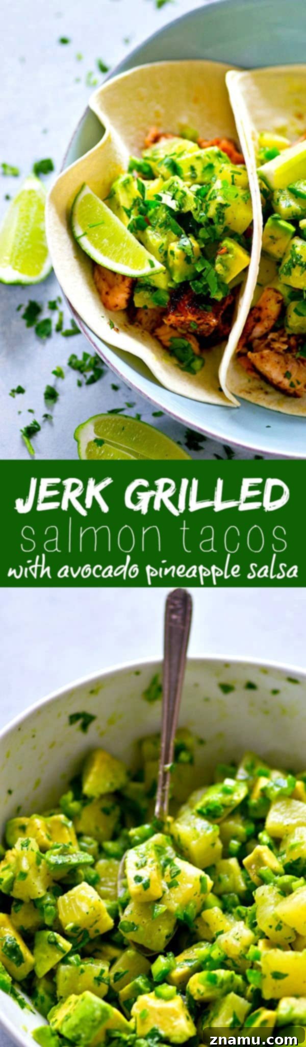 A smokey homemade jerk seasoning coats every inch of these jerk grilled salmon tacos that are heaped in soft flour tortillas and piled high with tangy avocado pineapple salsa!