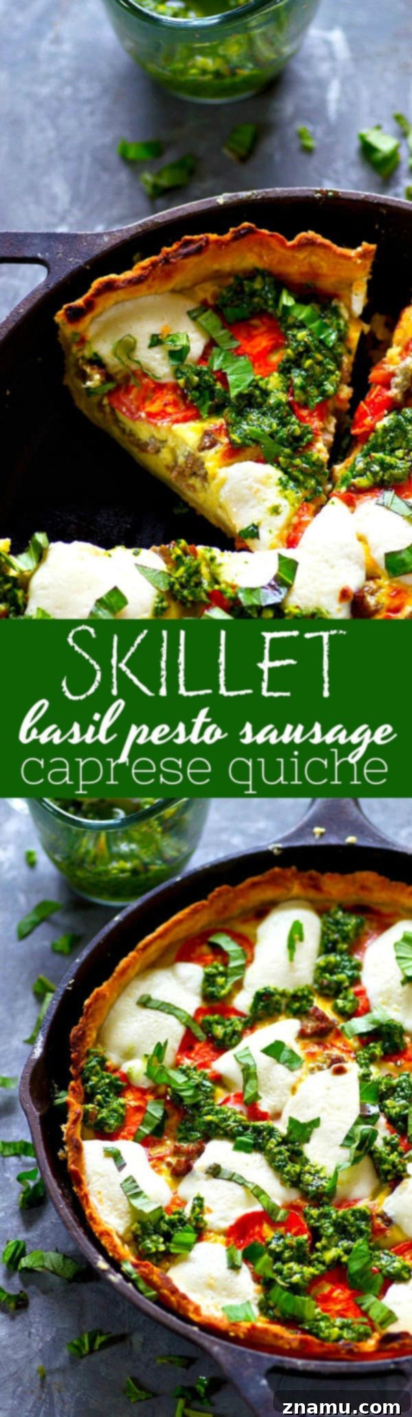Skillet Caprese Quiche with Basil Pesto Sausage 6 A fresh homemade basil pesto and all the caprese fixins' are a match made in brunch heaven in this skillet basil pesto sausage caprese quiche! Cut BIG slices of this luscious quiche for best results.