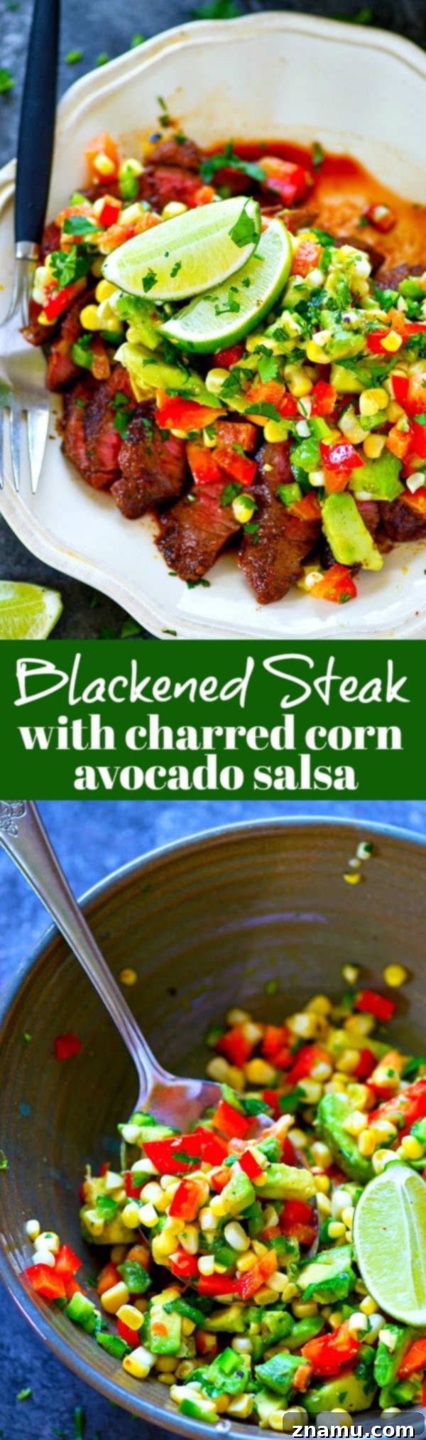 A spicy homemade blackened seasoning coats every inch of this grilled blackened steak that's served with a zippy charred corn avocado salsa piled over top!