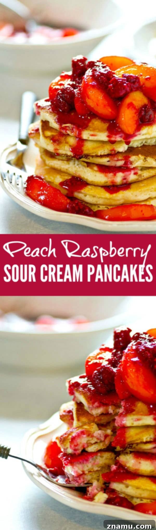 Heavenly Peach Raspberry Sour Cream Stacks 5 A delicious bite of a sour cream pancake with peach raspberry topping, ready to be enjoyed