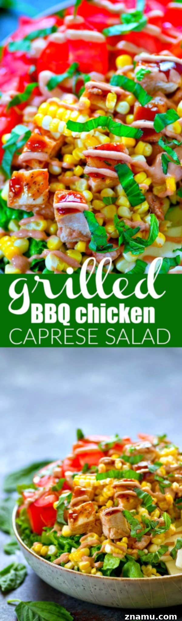 BBQ Chicken Caprese Fusion 5 A large bowl of grilled BBQ chicken caprese salad, perfectly dressed and ready to eat