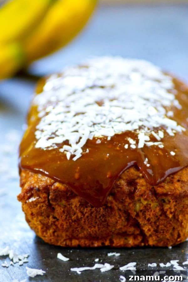 Decadent Salted Caramel Coconut Banana Bread 4 Full loaf of salted caramel coconut banana bread, freshly baked and ready for glazing.