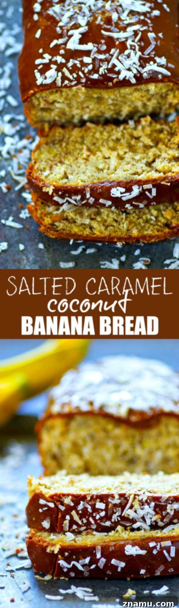 Decadent Salted Caramel Coconut Banana Bread 6 A beautifully sliced salted caramel coconut banana bread, showcasing its moist interior.