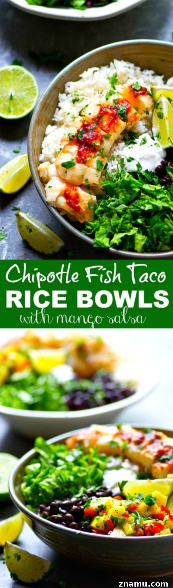 An appetizing overhead shot of a finished Chipotle Fish Taco Rice Bowl, ready to be enjoyed.