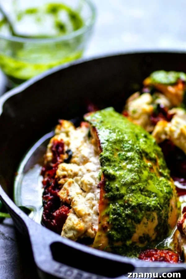 Chimichurri-Drizzled Chicken with Sun-Dried Tomato and Goat Cheese Stuffing 5 Golden-brown stuffed chicken breasts, fresh out of the oven, with a generous drizzle of green chimichurri sauce.