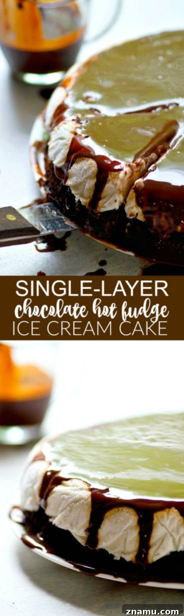 Decadent Chocolate Hot Fudge Ice Cream Cake 6 An overhead shot of the full single-layer chocolate hot fudge ice cream cake, showcasing its complete and inviting presentation, garnished with extra chocolate swirls.