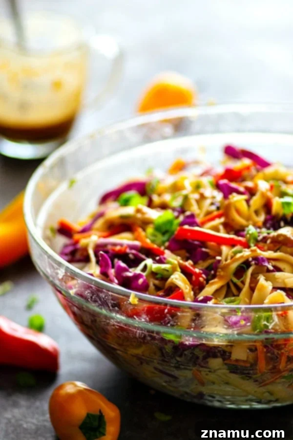 Close-up of the Peanut Sesame Thai Noodle Crunch Salad, showcasing the crisp textures of the vegetables and the rich, creamy dressing.