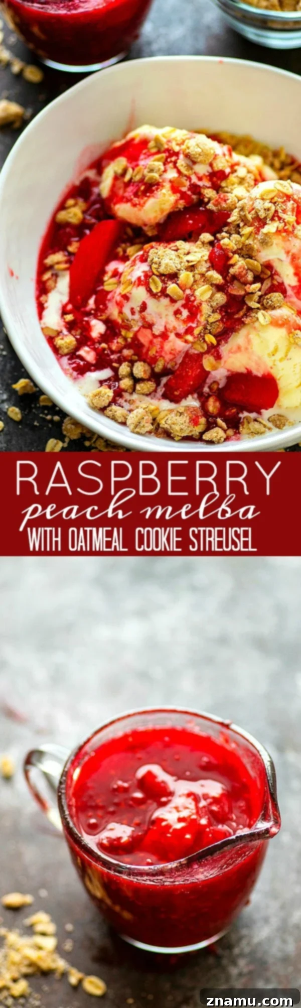 A beautifully composed Raspberry Peach Melba dessert, showcasing its vibrant colors and inviting textures.