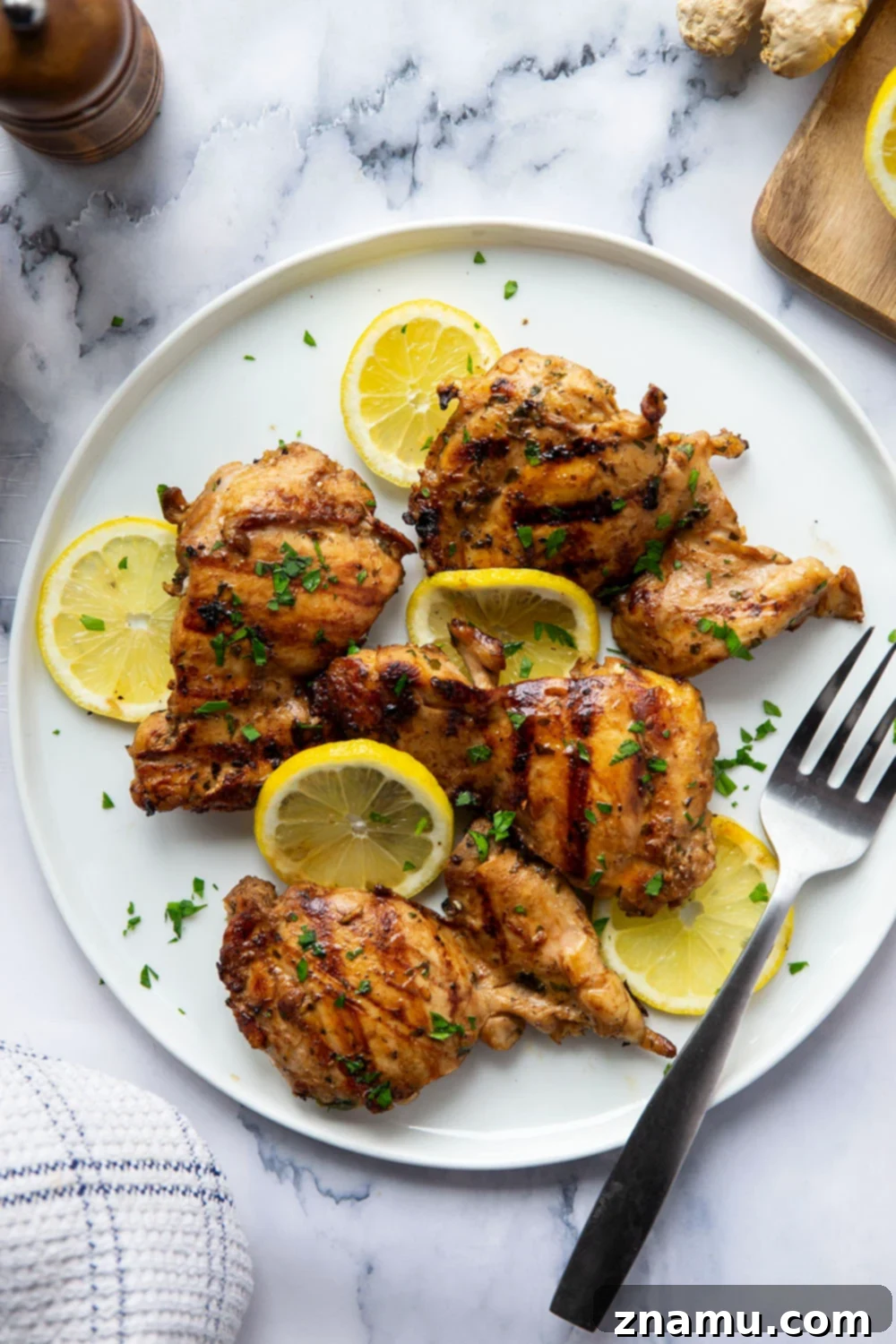 Lemon Ginger Soy Grilled Chicken 5 Grilled chicken pieces arranged on a plate, ready to be served