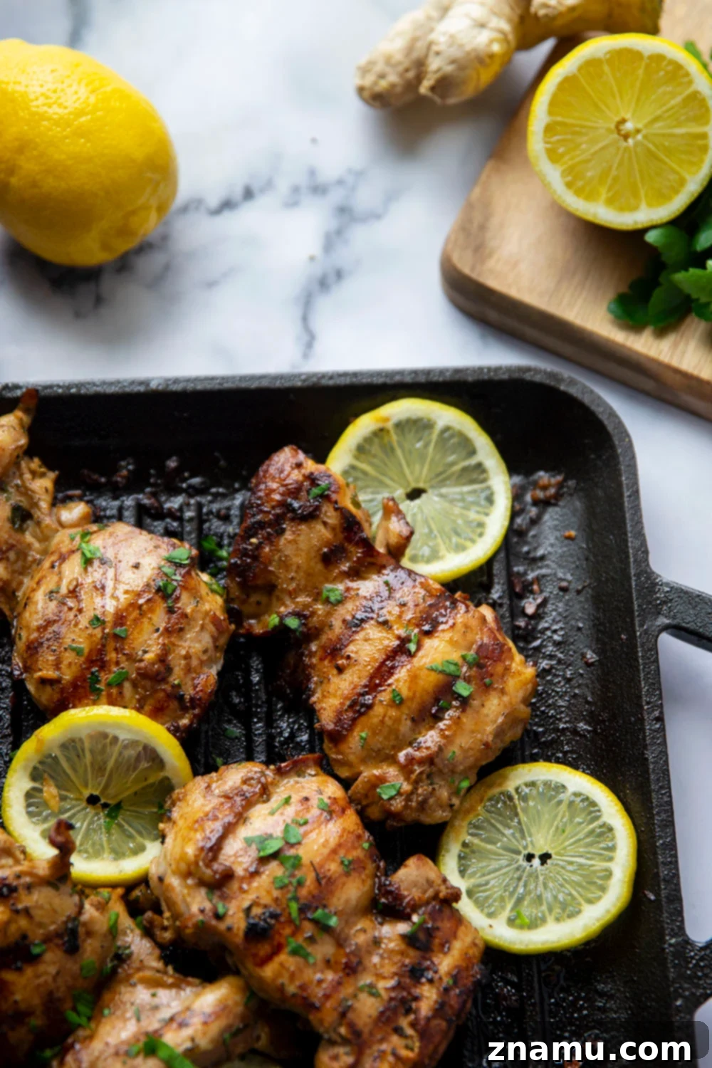 Lemon Ginger Soy Grilled Chicken 6 Close-up of freshly grilled lemon ginger soy chicken, showcasing its juicy texture