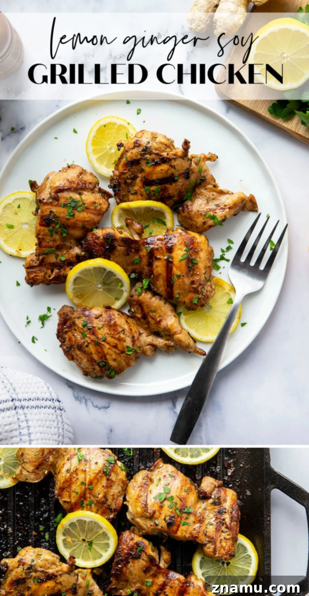 Lemon Ginger Soy Grilled Chicken 7 A vibrant platter of lemon ginger soy grilled chicken, garnished with fresh herbs