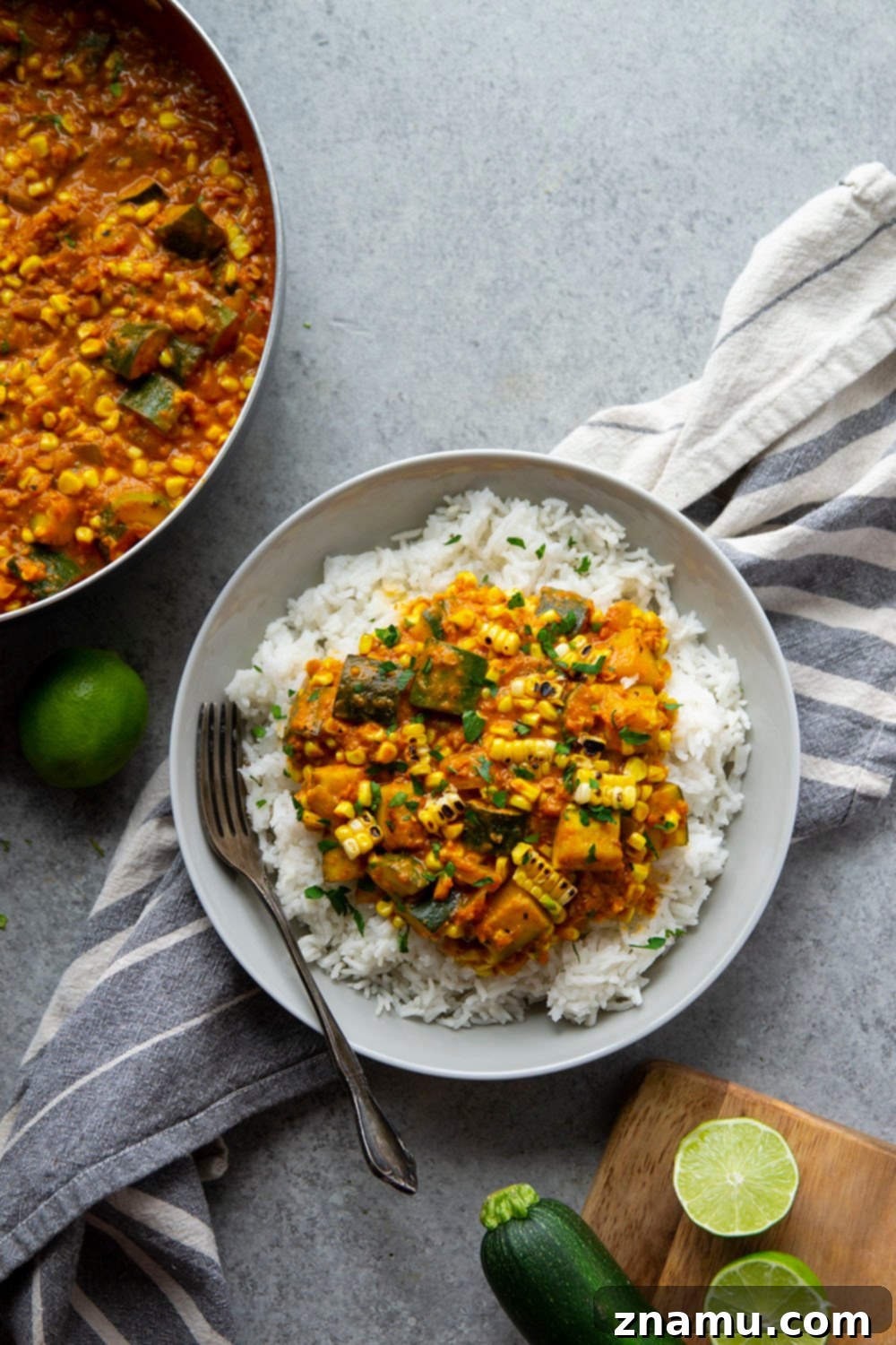 Smoky Sweet Corn Zucchini Curry 6 Charred sweet corn and tender zucchini simmers in a flavorful coconut curry sauce and is incredible served over fluffy rice. This sweet corn zucchini curry is a great way to use up summer vegetables!