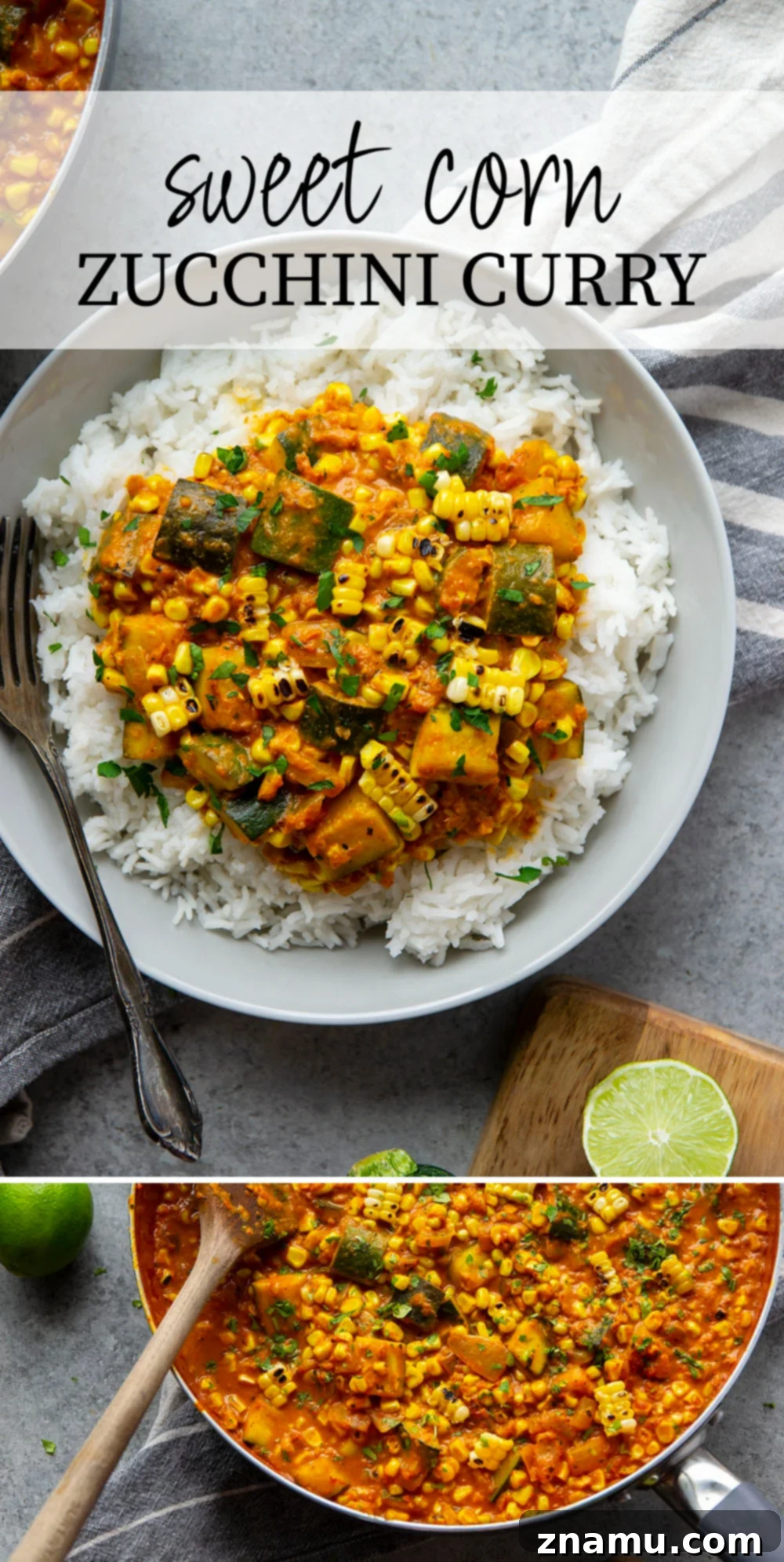 Smoky Sweet Corn Zucchini Curry 7 Charred sweet corn and tender zucchini simmers in a flavorful coconut curry sauce and is incredible served over fluffy rice. This sweet corn zucchini curry is a great way to use up summer vegetables!