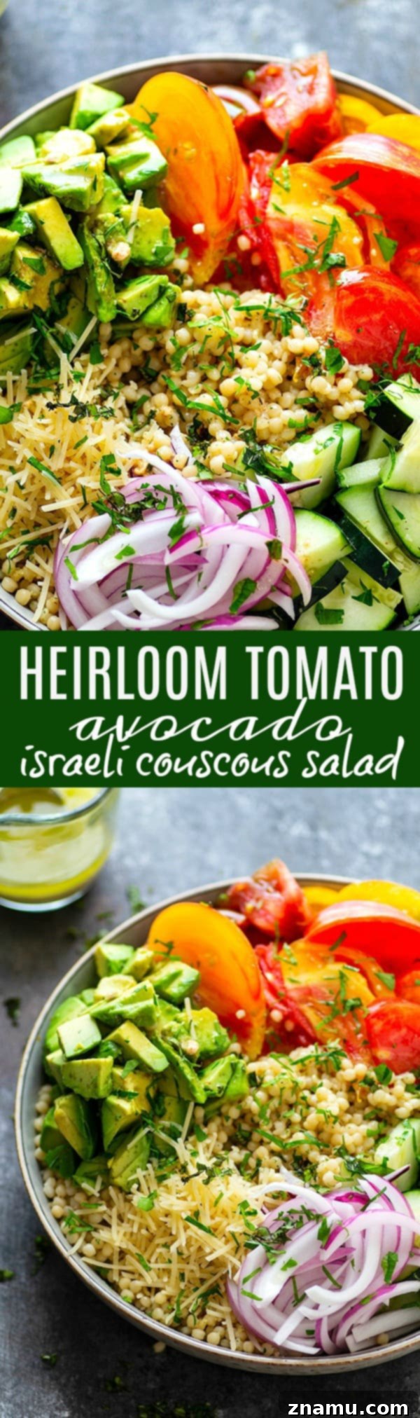 Vibrant Heirloom & Avocado Pearl Couscous 6 Juicy fresh heirloom tomatoes and silky avocado bring incredible summer flavors to this colorful Israeli couscous salad that's easy to throw together and a STUNNER for any summer table!