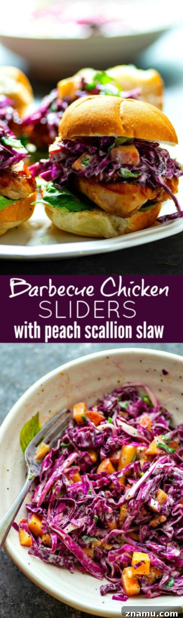 Peach Scallion Slaw BBQ Chicken Sliders 6 A platter of Barbecue Chicken Sliders with Peach Scallion Slaw, ready to be served