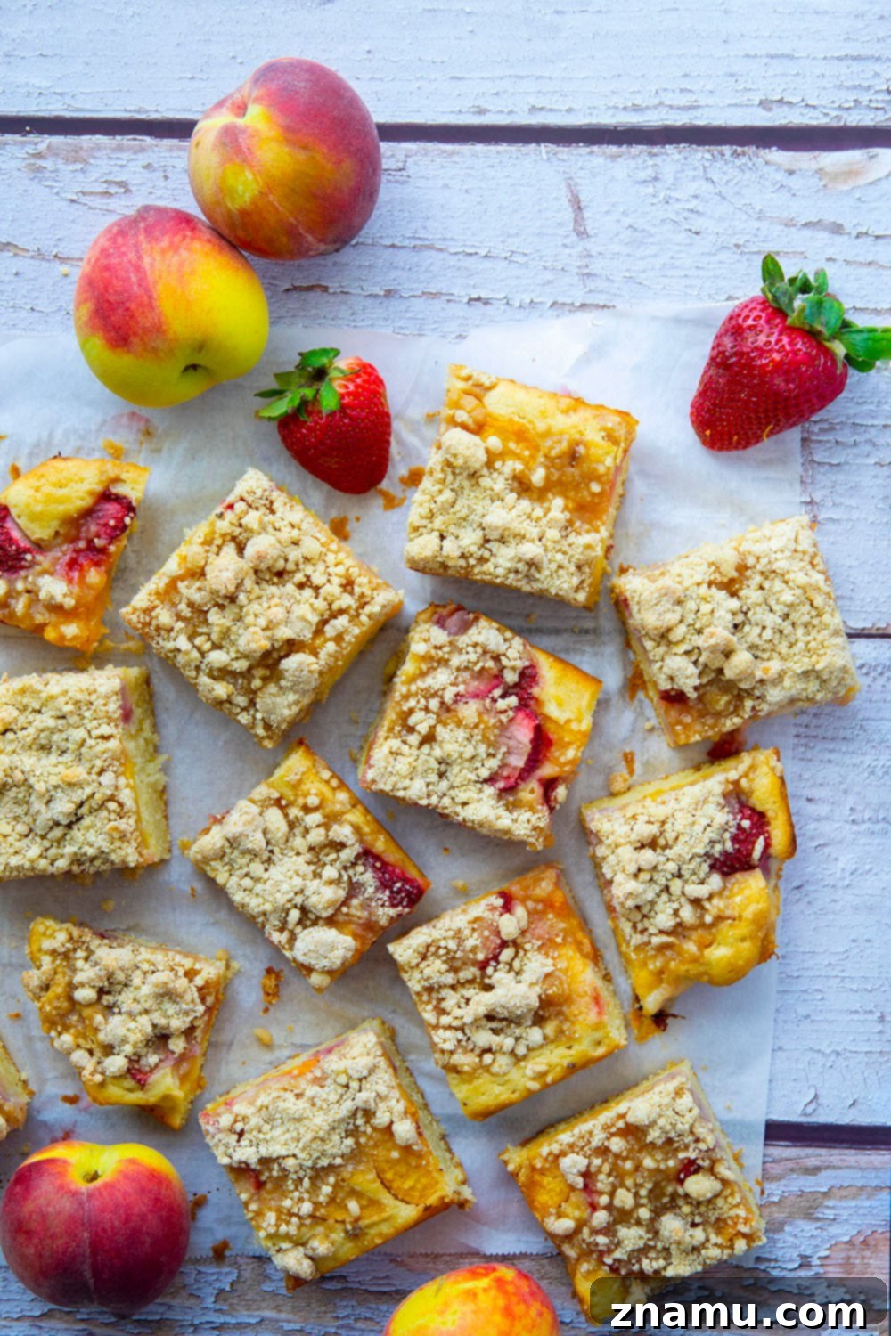 Summer Strawberry Peach Bake 6 Fresh strawberries and peaches join forces in this streusel covered strawberry peach buckle that's a perfect summer coffee cake or dessert!