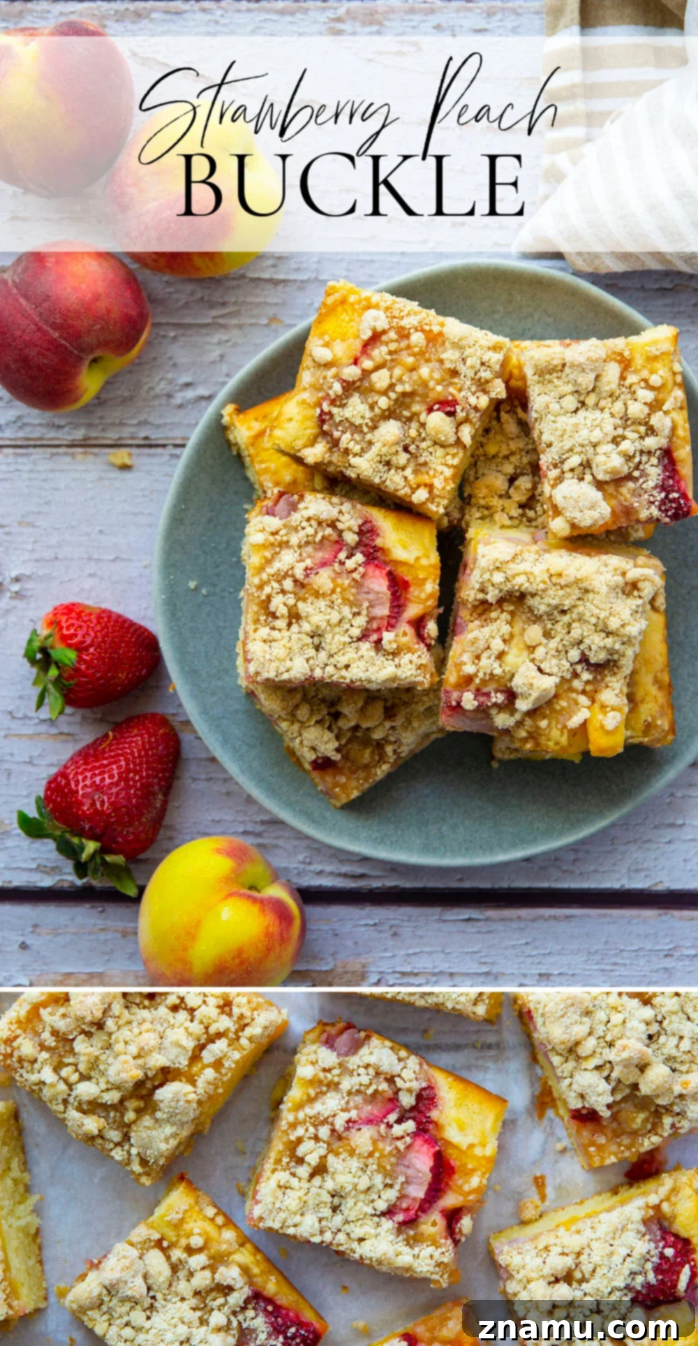 Summer Strawberry Peach Bake 7 Fresh strawberries and peaches join forces in this streusel covered strawberry peach buckle that's a perfect summer coffee cake or dessert!