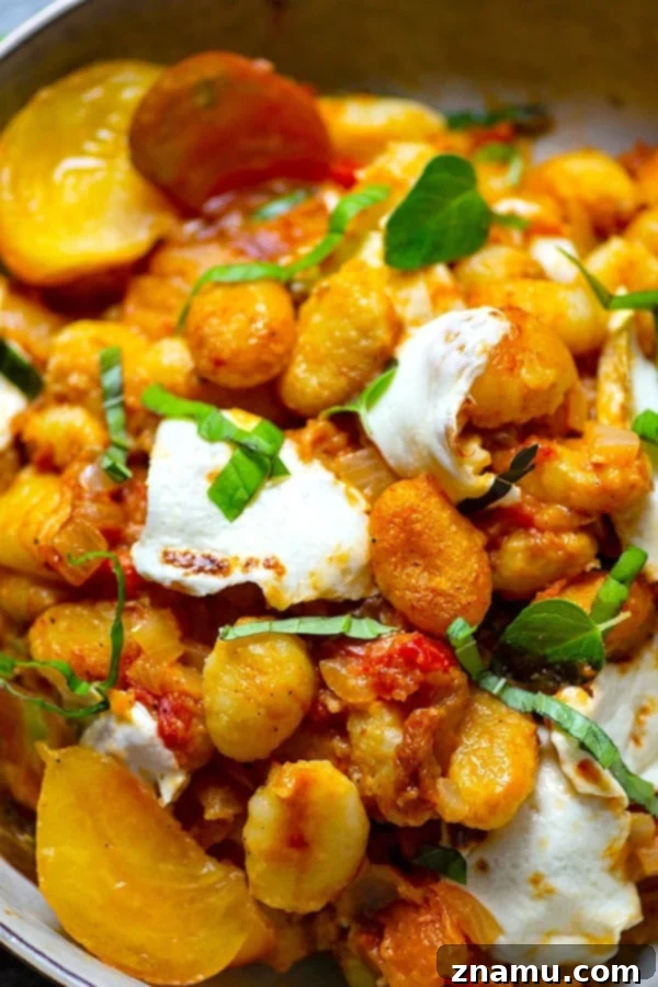 Juicy roasted heirloom tomatoes and creamy fresh mozzarella make the most amazing flavor duo in this summery mozzarella gnocchi skillet that you'll have on the table in MINUTES!
