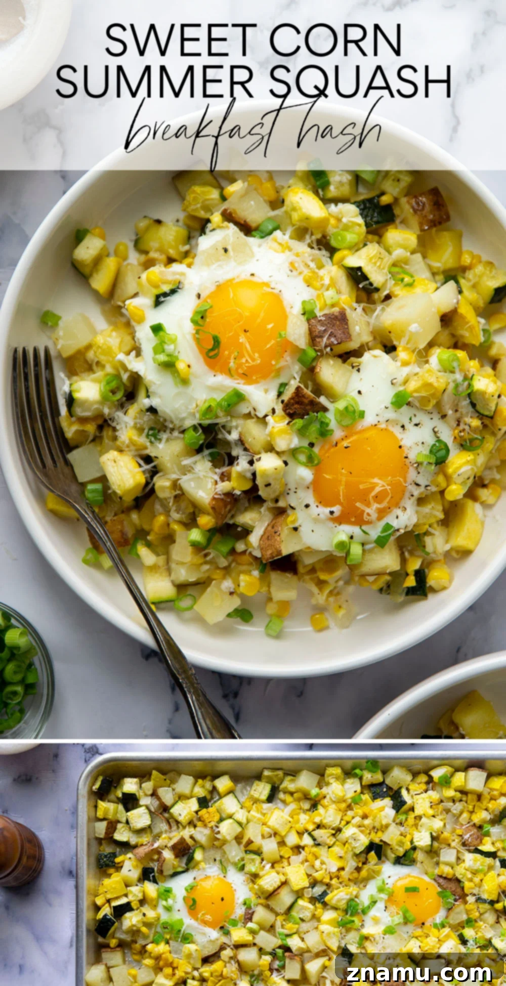 Sunny Summer Squash & Sweet Corn Sheet Pan Hash 7 A larger overhead view of the complete Sheet Pan Sweet Corn Summer Squash Breakfast Hash, served on a rustic wooden board.