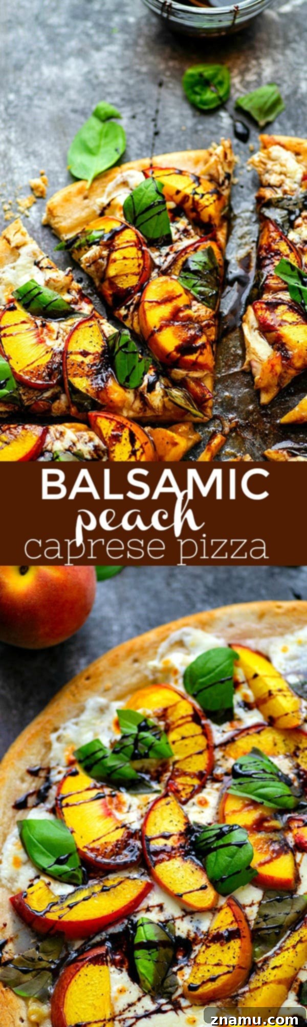 Peachy Balsamic Caprese Pizza 6 A close-up, top-down view of a single slice of Balsamic Peach Caprese Pizza, ready to be enjoyed, with a perfect crust edge.