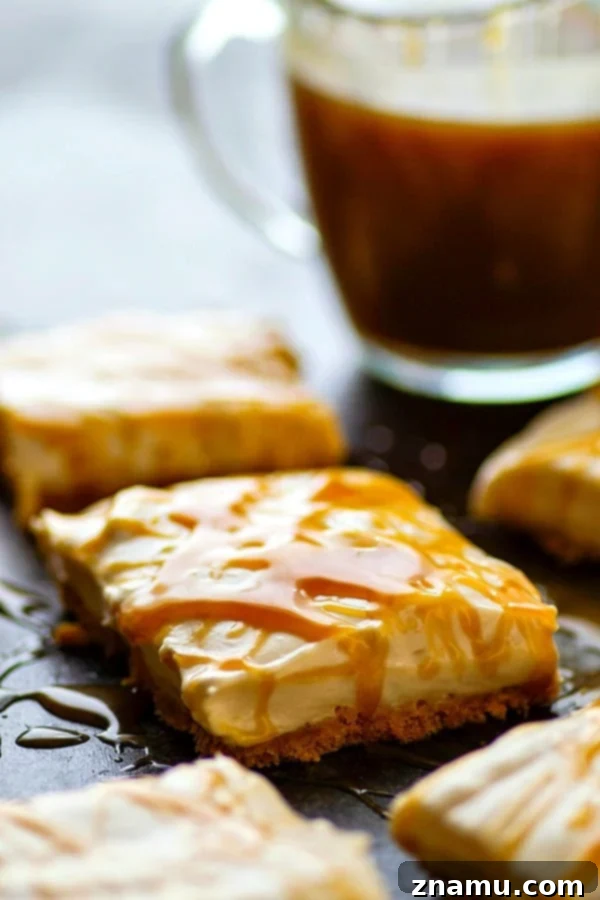 Coffee Caramel Cheesecake Dream Bars 3 Close-up view of the smooth, creamy texture of no-bake coffee cheesecake bars with butterscotch drizzle.