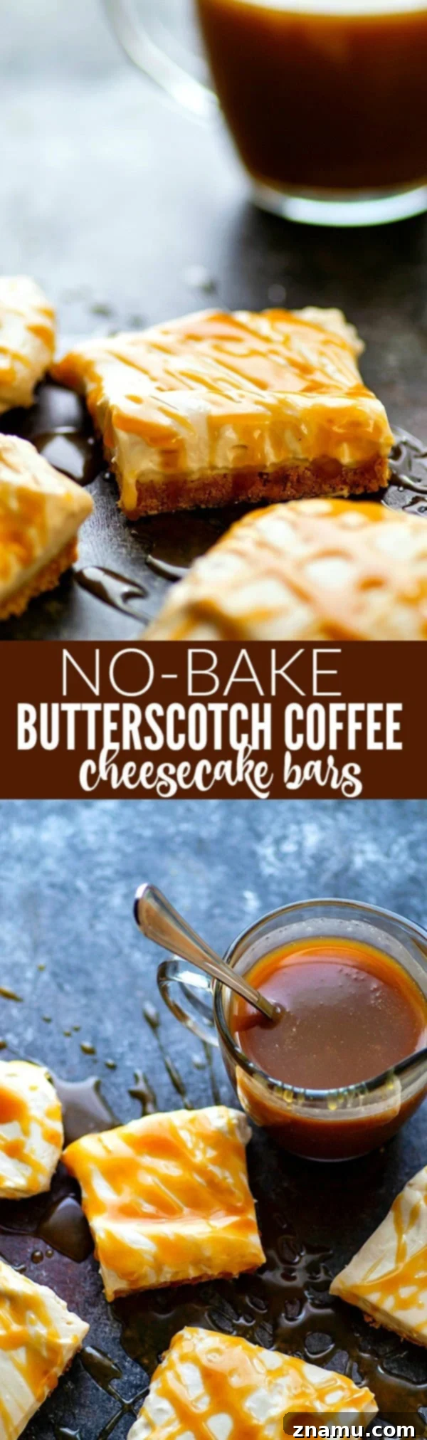 Coffee Caramel Cheesecake Dream Bars 6 An array of no-bake butterscotch coffee cheesecake bars ready to be served, showcasing their golden crust and rich topping.