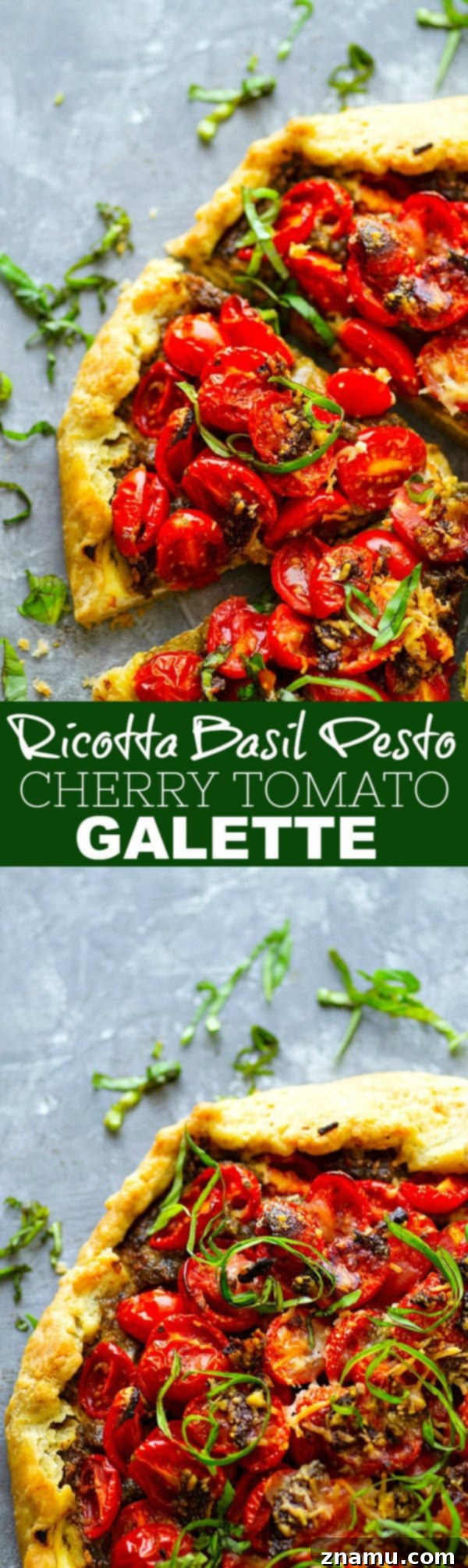 Ricotta Basil Pesto Cherry Tomato Tart 6 Serving of Ricotta Basil Pesto Cherry Tomato Galette on a white plate, ready to be enjoyed.