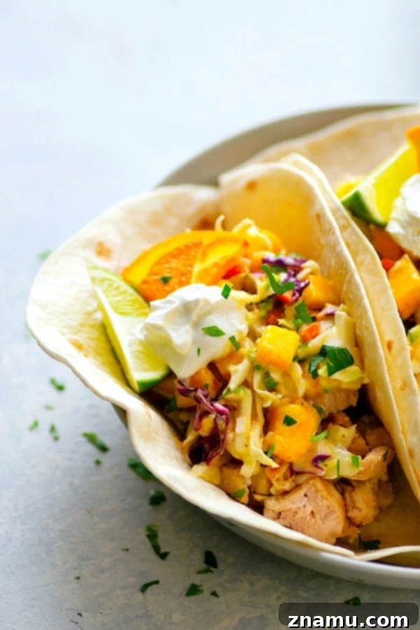 Citrus-Grilled Chicken Tacos with Mango Jalapeno Slaw - Juicy citrus-marinated grilled chicken and a zingy fresh mango jalapeno slaw are the taco duo your taco dinner game NEEDS!