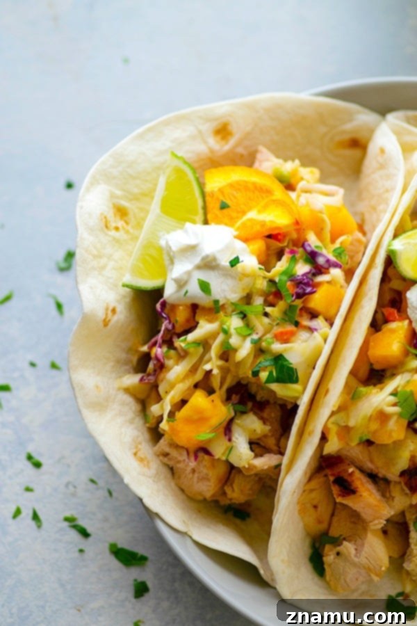 Citrus-Grilled Chicken Tacos with Mango Jalapeno Slaw - Juicy citrus-marinated grilled chicken and a zingy fresh mango jalapeno slaw are the taco duo your taco dinner game NEEDS!