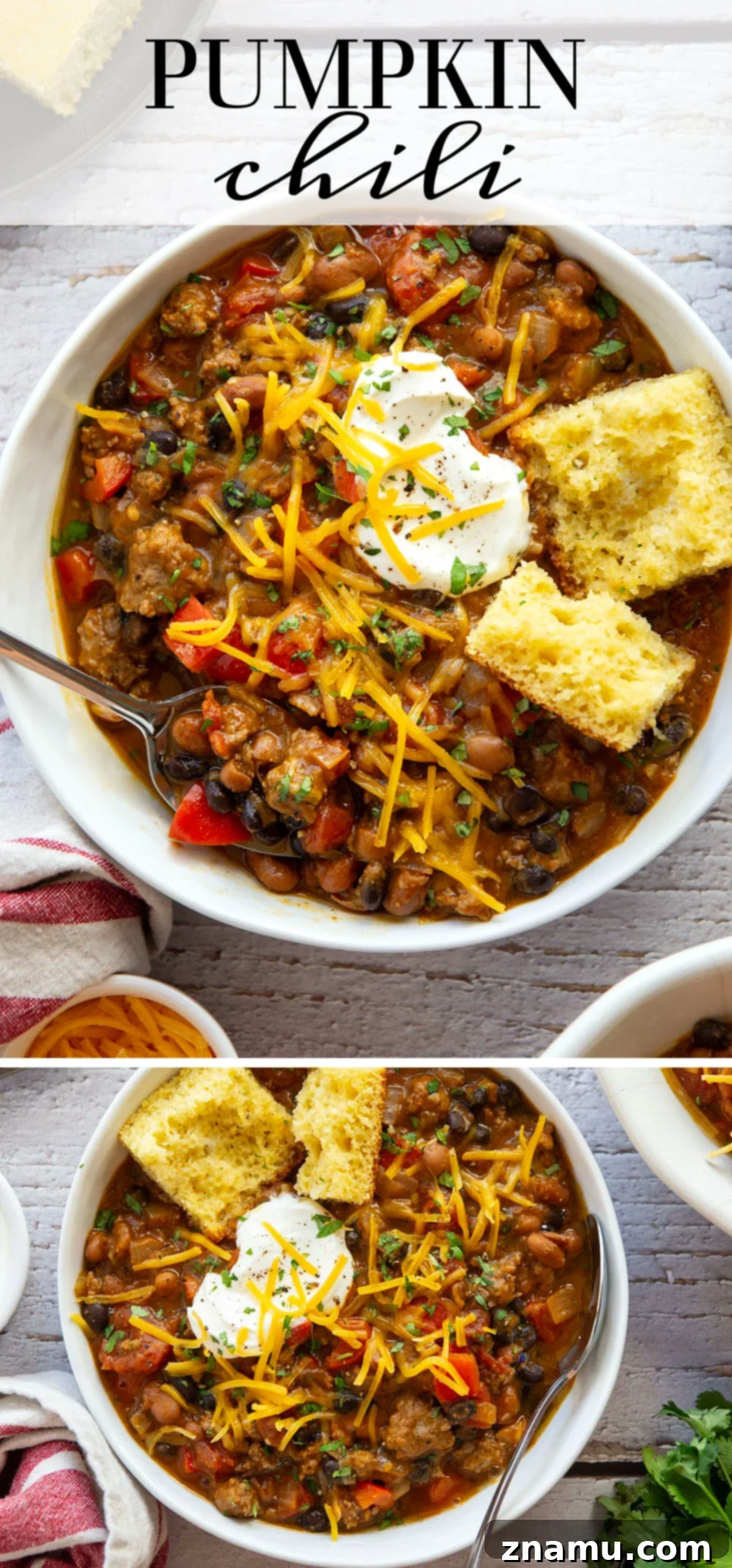 Harvest Gold Pumpkin Chili 7 An inviting overhead shot of three bowls of pumpkin chili, each topped with a different combination of cheese, sour cream, and fresh herbs, ready for serving.