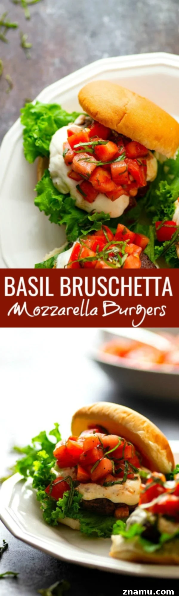 Bruschetta Caprese Burgers 5 Basil Bruschetta Mozzarella Burgers - Juicy, melty mozzarella burgers are piled high with a flavorful basil bruschetta topping for the BEST summer burger any cookout could ask for!