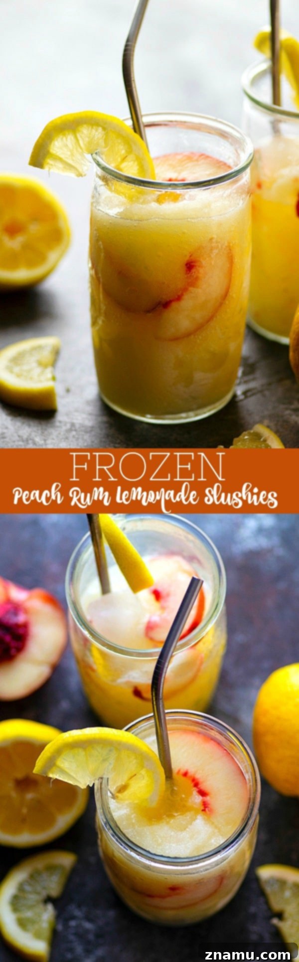 Spiked Peach Lemonade Slush 6 A beautiful tall glass filled with Frozen Peach Rum Lemonade Slushie, topped with fresh peach slices and a colorful straw.