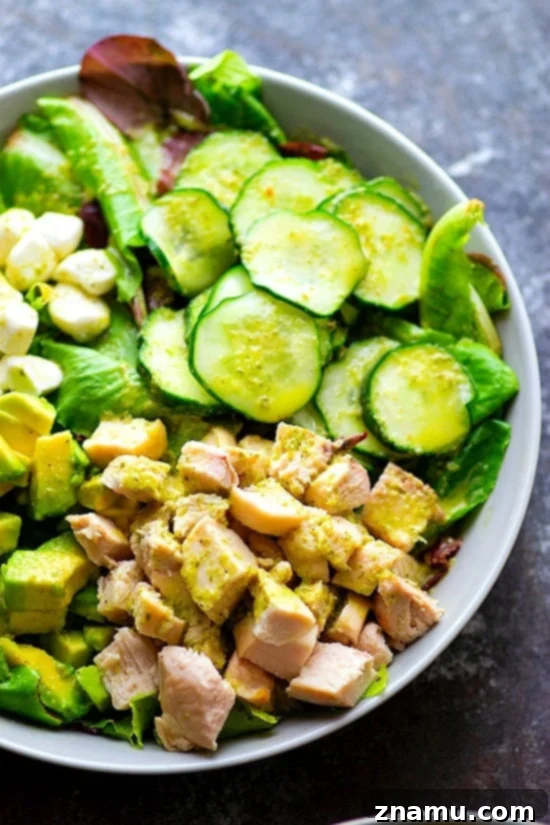 Vibrant Green Goddess Chicken Salad with Quick-Pickled Cucumbers 2 Refreshing Quick Pickle Cucumber Chicken Green Goddess Salad featuring tender chicken and a creamy herb dressing.