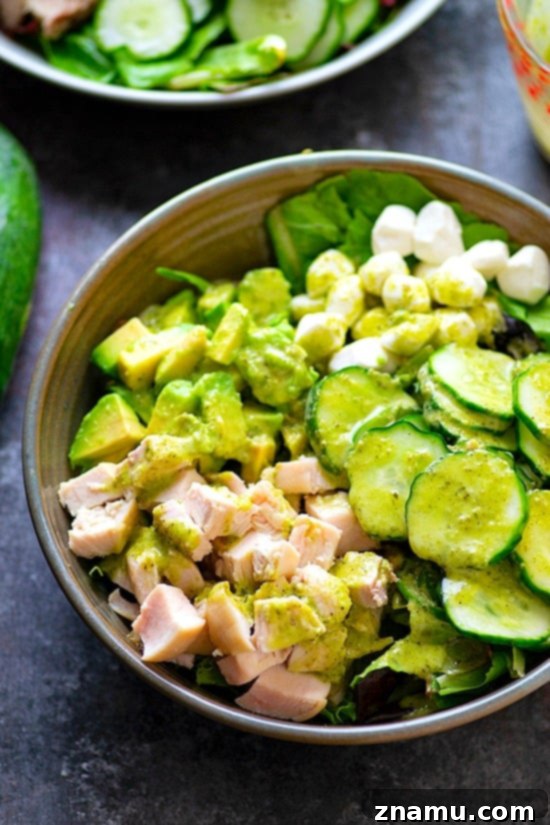 Vibrant Green Goddess Chicken Salad with Quick-Pickled Cucumbers 3 Close-up of Quick Pickle Cucumber Chicken Green Goddess Salad, highlighting the crisp cucumbers and vibrant dressing.