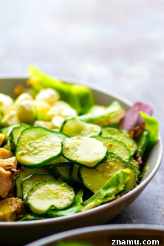 Vibrant Green Goddess Chicken Salad with Quick-Pickled Cucumbers 4 Overhead shot of Green Goddess Salad ingredients, including quick pickled cucumbers and chicken.