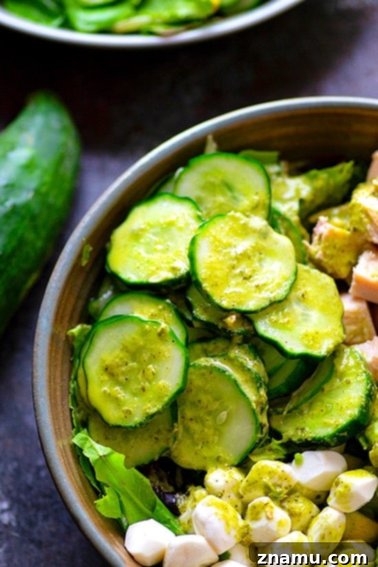 Vibrant Green Goddess Chicken Salad with Quick-Pickled Cucumbers 5 Assembled Quick Pickle Cucumber Chicken Green Goddess Salad ready to be served.