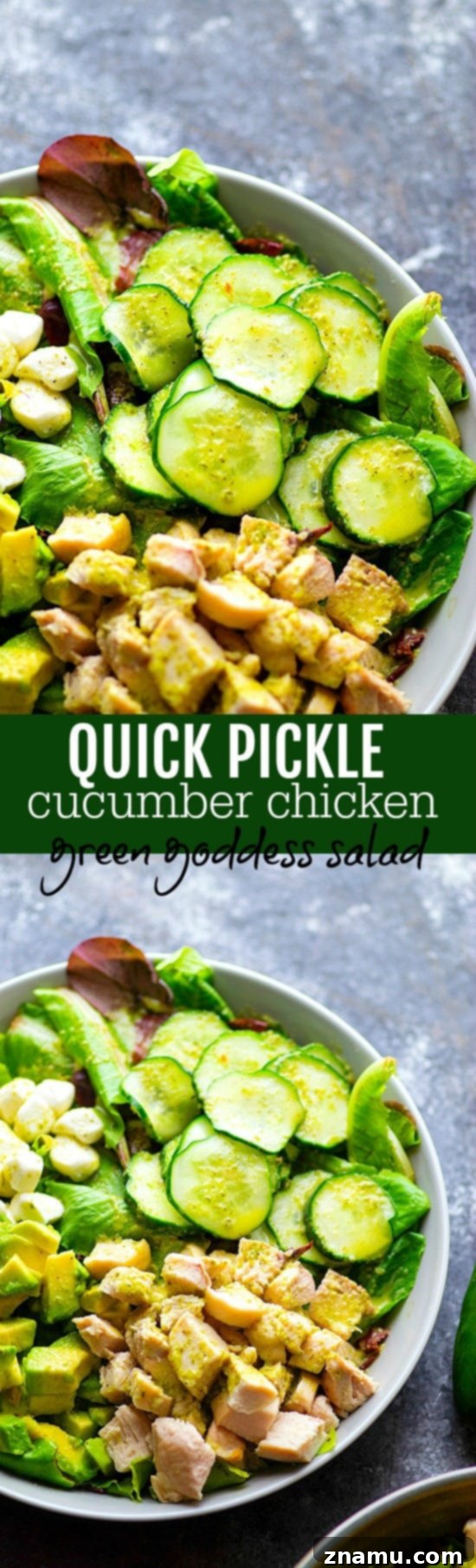 Vibrant Green Goddess Chicken Salad with Quick-Pickled Cucumbers 6 Large bowl of Quick Pickle Cucumber Chicken Green Goddess Salad with dressing drizzled over it.
