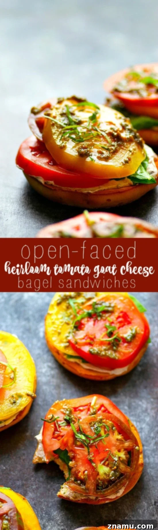 Artisan Heirloom Tomato and Goat Cheese Bagel Toasts 6 A close-up shot of an open-faced heirloom tomato and goat cheese bagel sandwich, showcasing the intricate layers of fresh ingredients and their vibrant colors. The detailed view emphasizes the quality of the tomatoes, the texture of the cheese, and the herbaceous touch of basil, making it irresistibly appealing.
