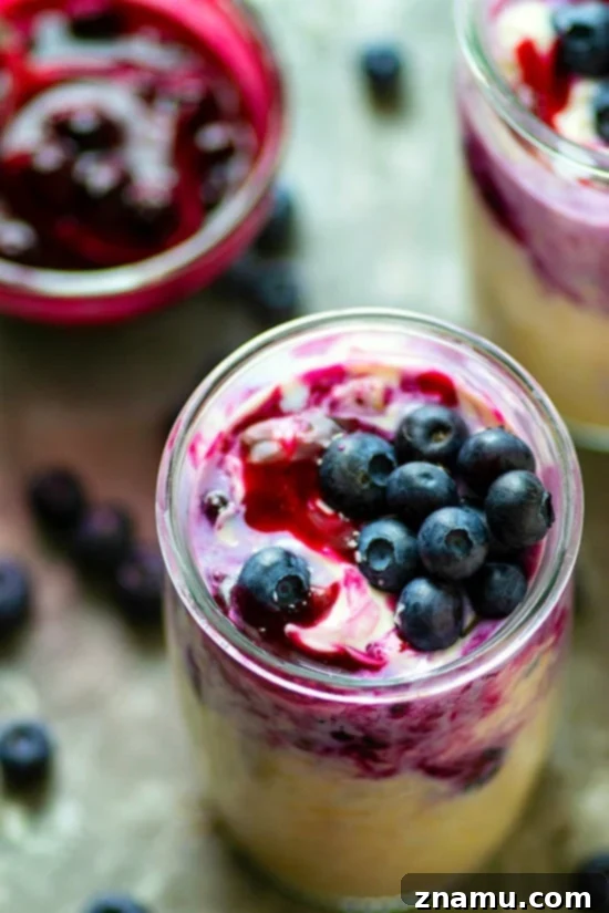 Close-up of creamy blueberry cheesecake overnight oats