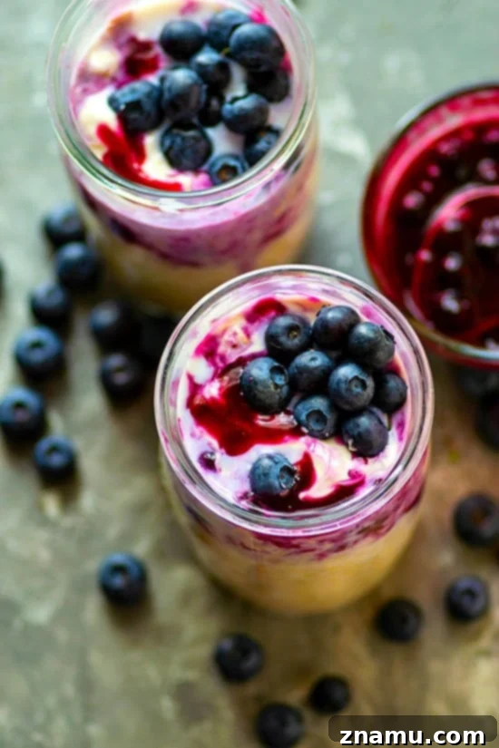 Prepared blueberry cheesecake overnight oats ready to serve