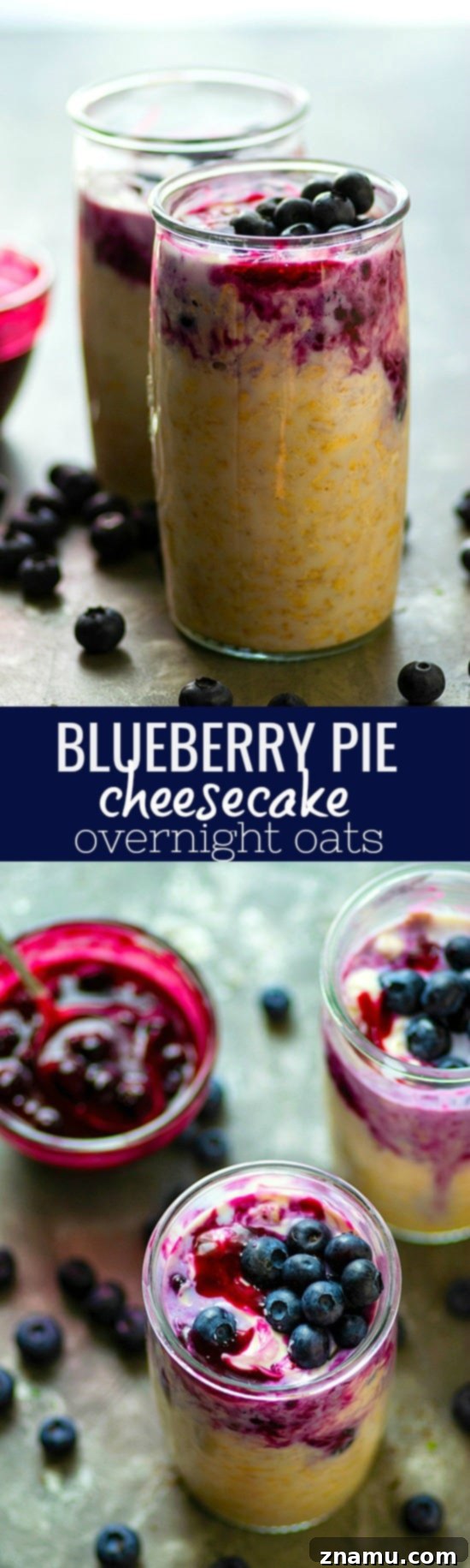 Delicious blueberry cheesecake overnight oats with a spoon
