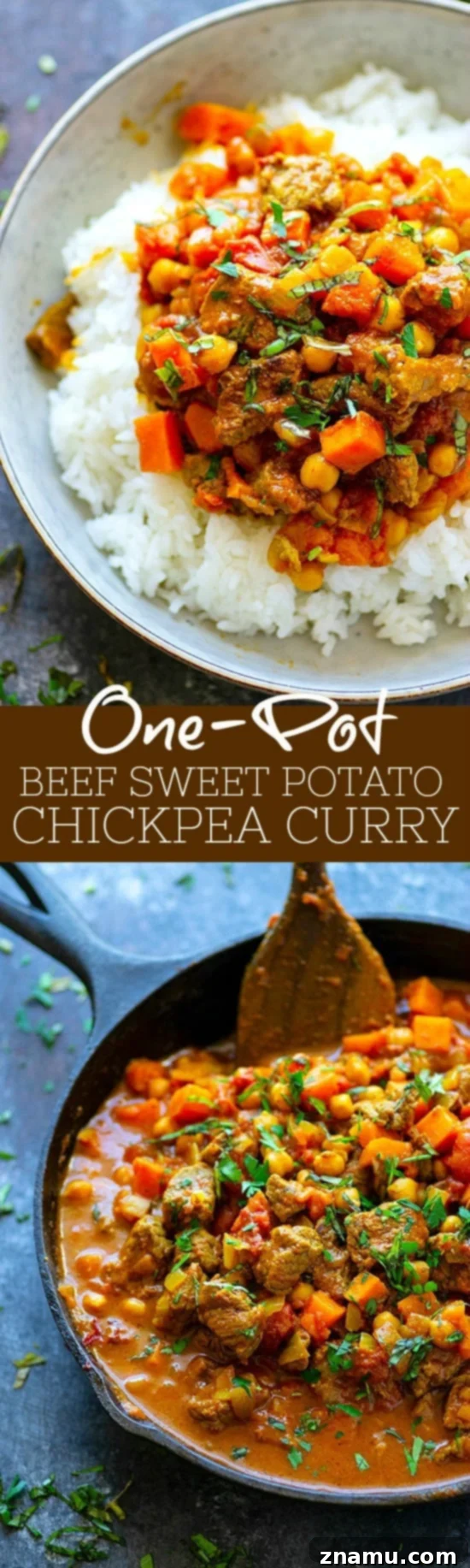 One Pot Beef Sweet Potato Chickpea Curry 6 One-Pot Beef Sweet Potato Chickpea Curry - Tender sweet potatoes and melt-in-your-mouth beef paired with tons of cozy curry spices make this one-pot beef sweet potato chickpea curry one for the dinner record books!