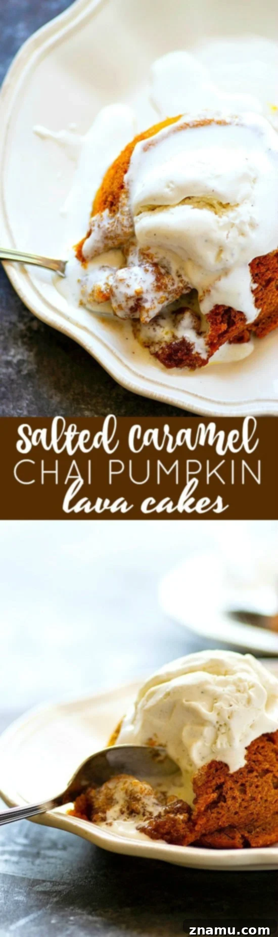 Molten Pumpkin Chai Caramel Flow 6 Salted Caramel Chai Pumpkin Lava Cakes - Cozy chai spices and warm salted caramel take these pumpkin lava cakes completely over the top! Serve them warm with a big scoop of vanilla ice cream and welcome to fall heaven.