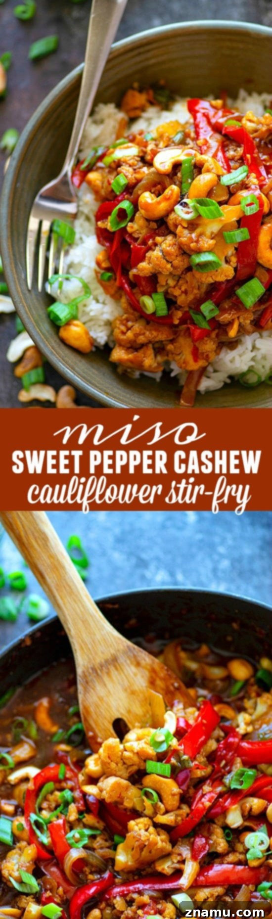 The finished Miso Sweet Pepper Cashew Cauliflower Stir-Fry in a wide serving bowl, showcasing its rich sauce and colorful vegetables